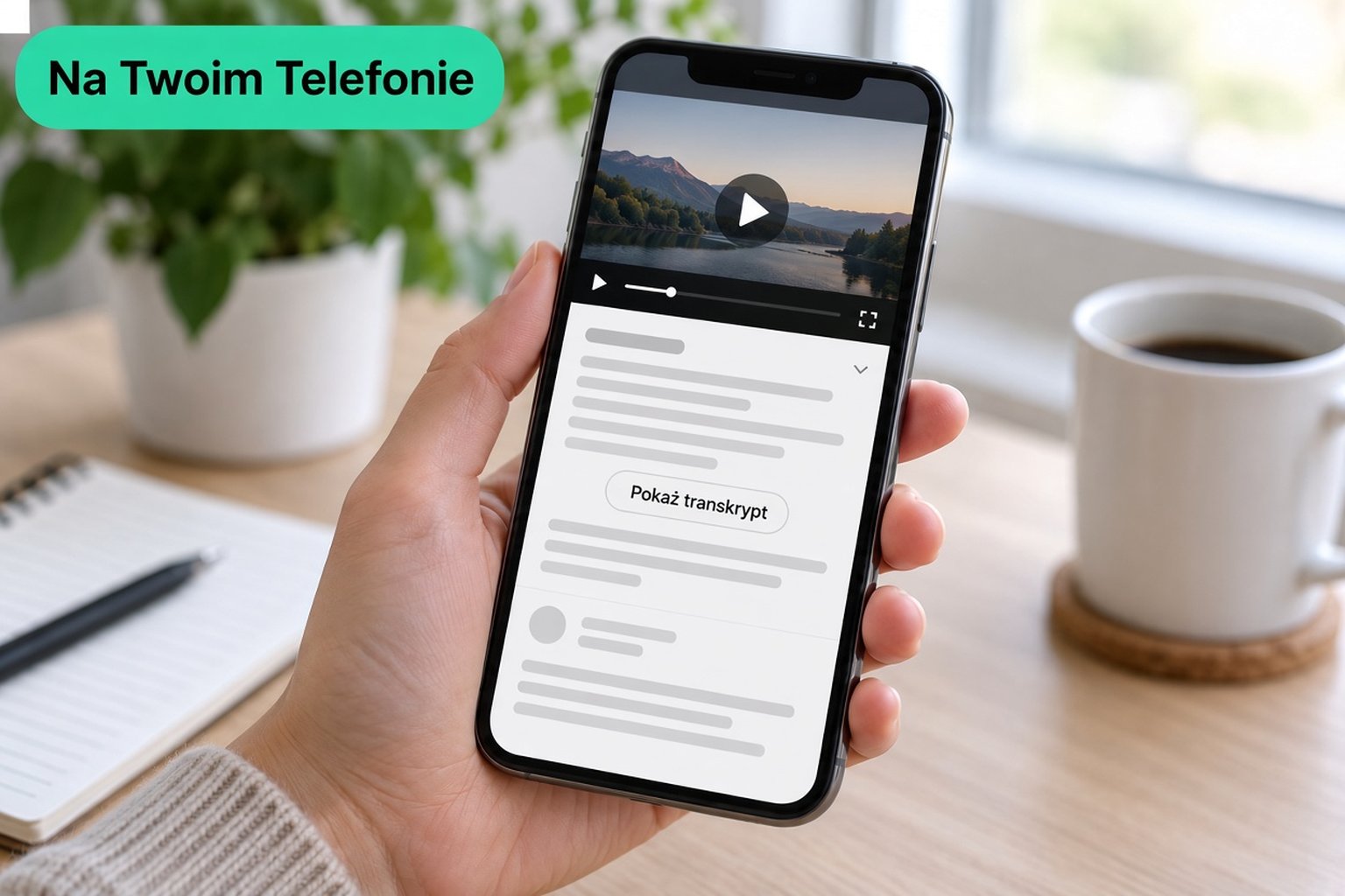 Telefon z filmem YouTube z rozwiniętym opisem i przyciskiem Pokaż transkrypcję