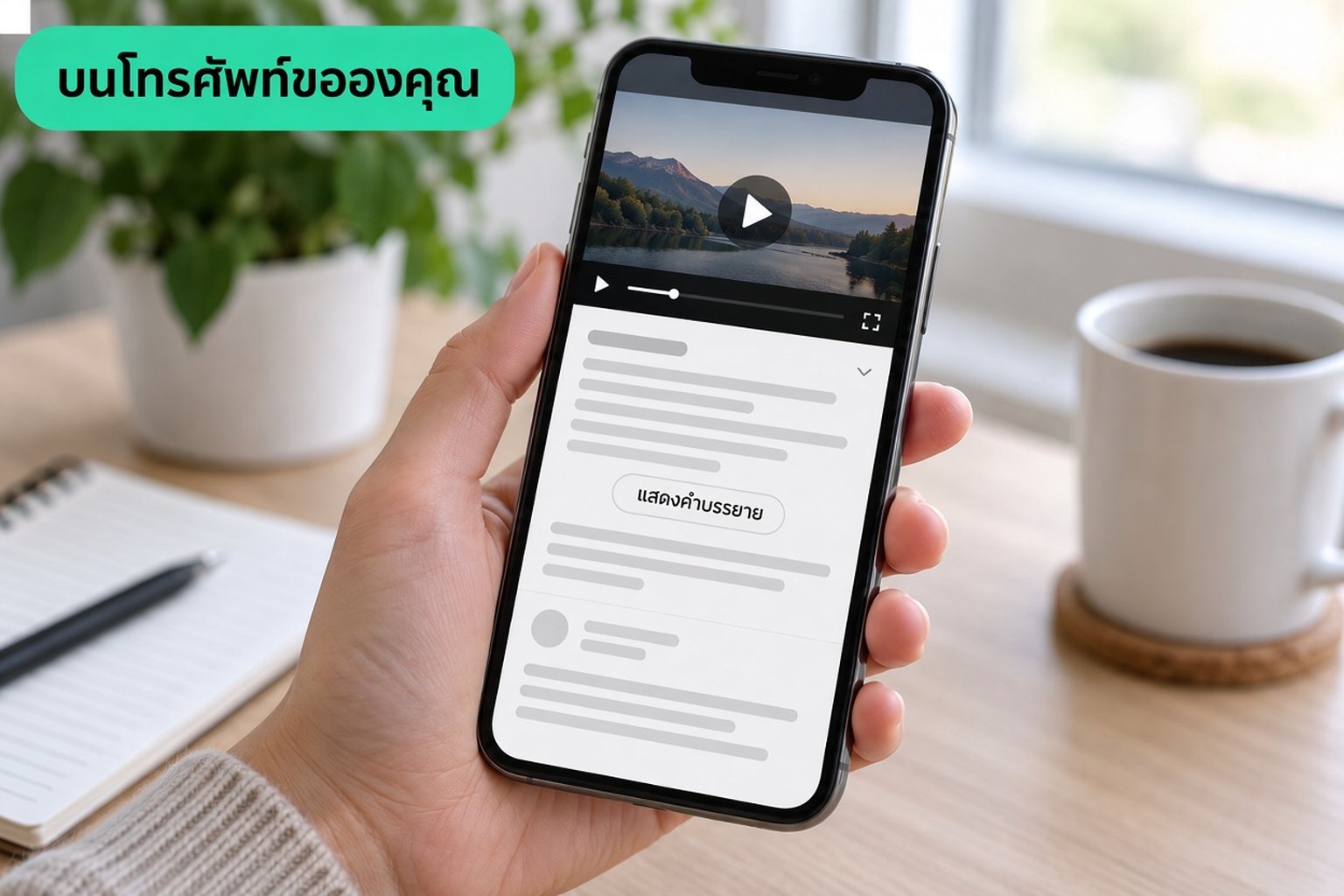 โทรศัพท์ที่แสดงวิดีโอ YouTube พร้อมคำอธิบายที่ขยายแล้วและปุ่ม Show transcript