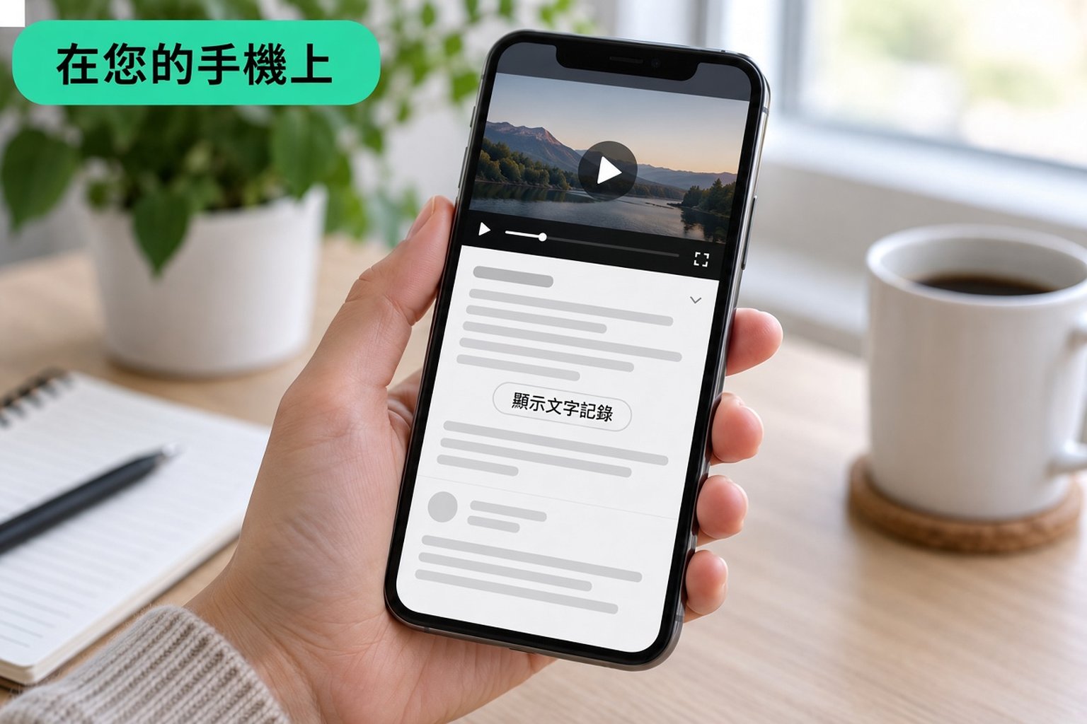 手機上顯示一部 YouTube 影片,展開的說明欄與 Show transcript 按鈕