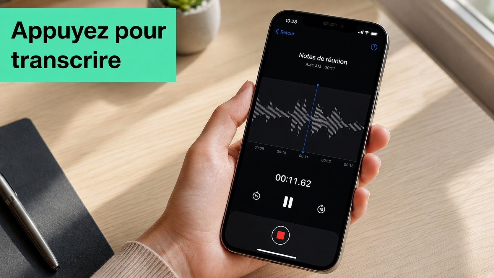 Un iPhone lisant un enregistrement dans l'app Dictaphone