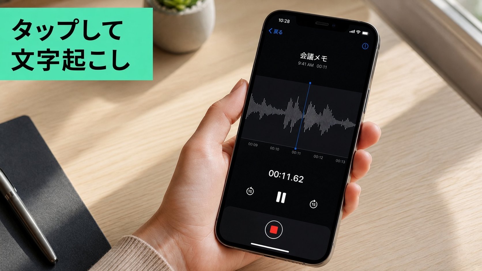 ボイスメモアプリで録音を再生している iPhone