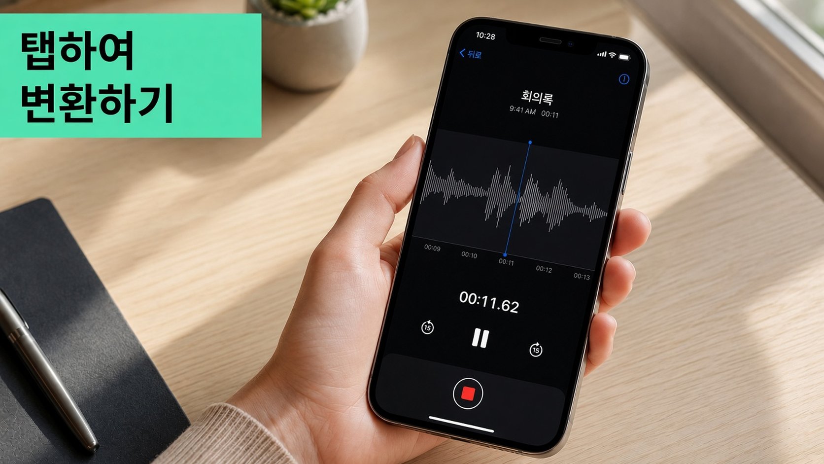 음성 메모 앱에서 녹음 파일을 재생 중인 iPhone