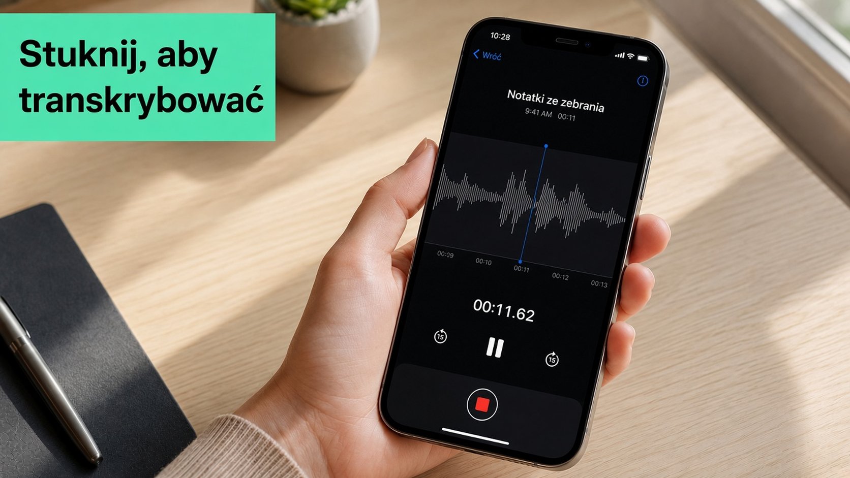 iPhone odtwarzający nagranie w aplikacji Dyktafon