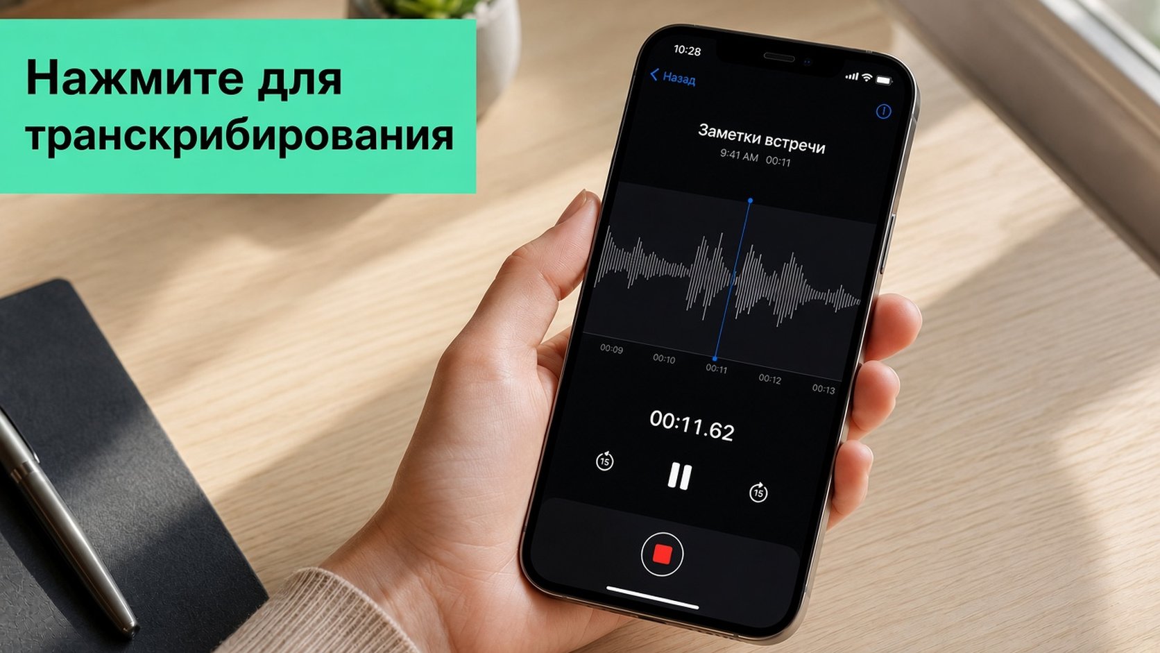 iPhone воспроизводит запись в приложении «Диктофон»