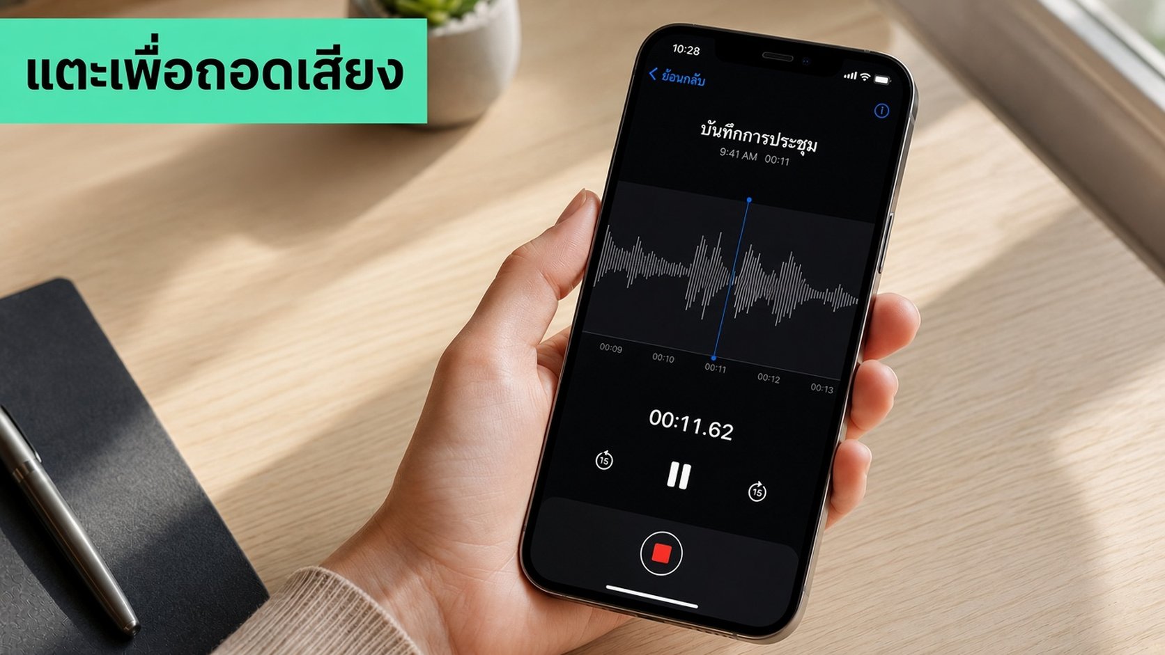 iPhone ที่กำลังเล่นไฟล์บันทึกเสียงในแอป Voice Memos