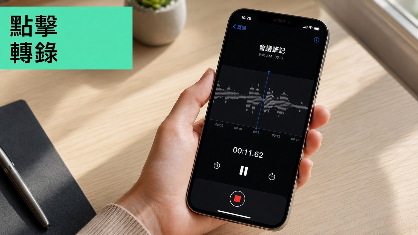 在語音備忘錄應用程式中播放錄音檔的 iPhone
