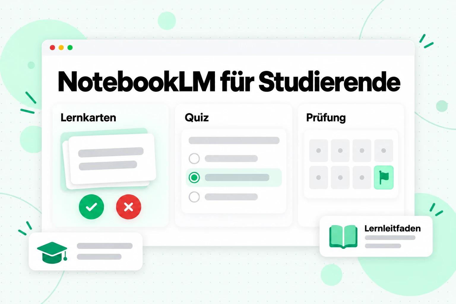 NotebookLM für Studierende: Lernkarten mit den Schaltflächen „Gewusst“ und „Nicht gewusst“, ein Quiz und ein Countdown-Kalender bis zur Prüfung