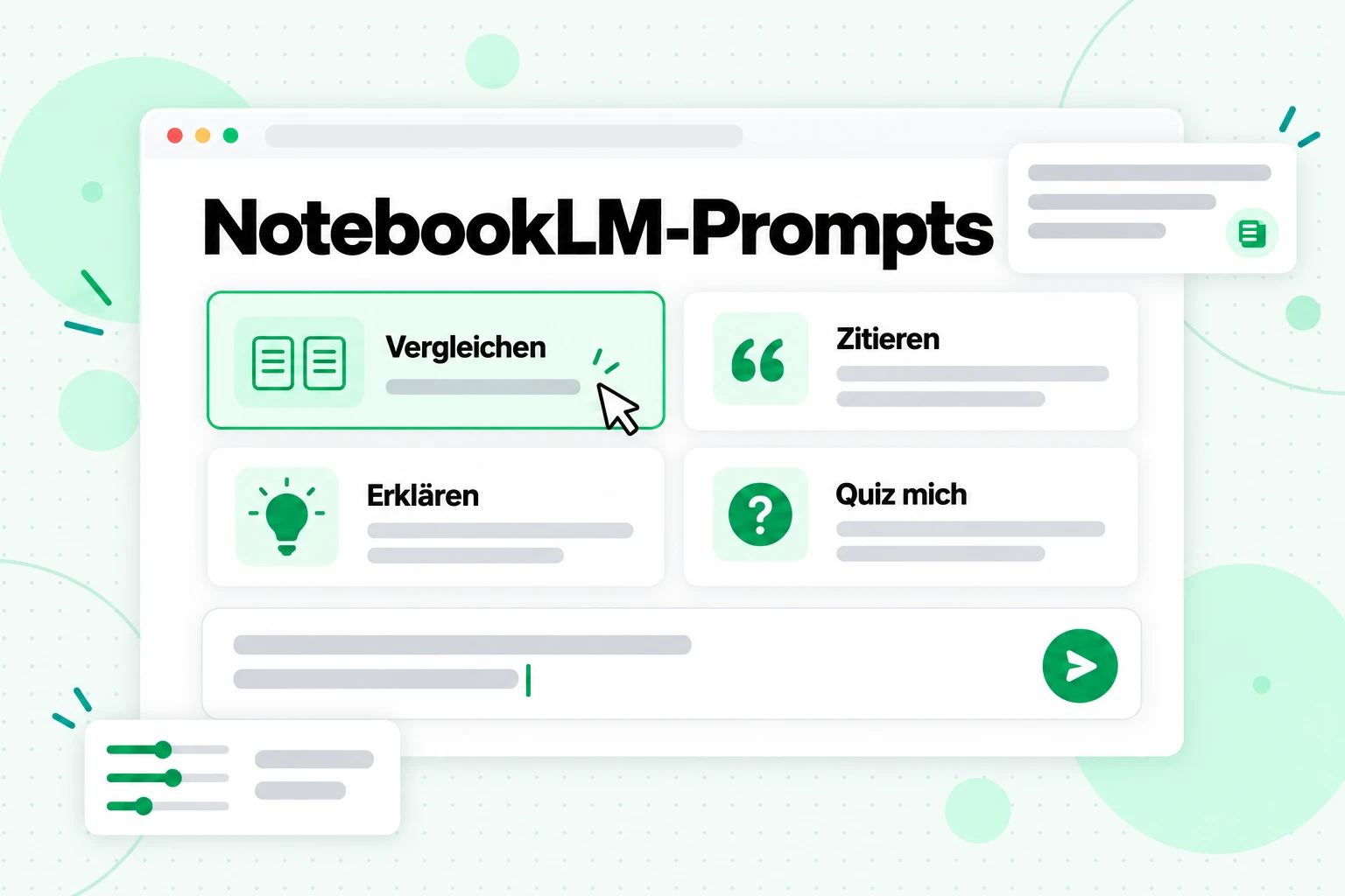 NotebookLM-Prompts: eine Chateingabe mit Prompt-Rezeptkarten für Vergleichen, Zitieren, Erklären und Quiz mich