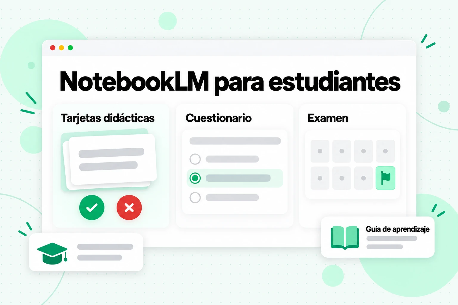 NotebookLM para estudiantes: tarjetas didácticas con botones «lo sé» y «me equivoqué», un cuestionario y un calendario con la cuenta regresiva hasta el examen