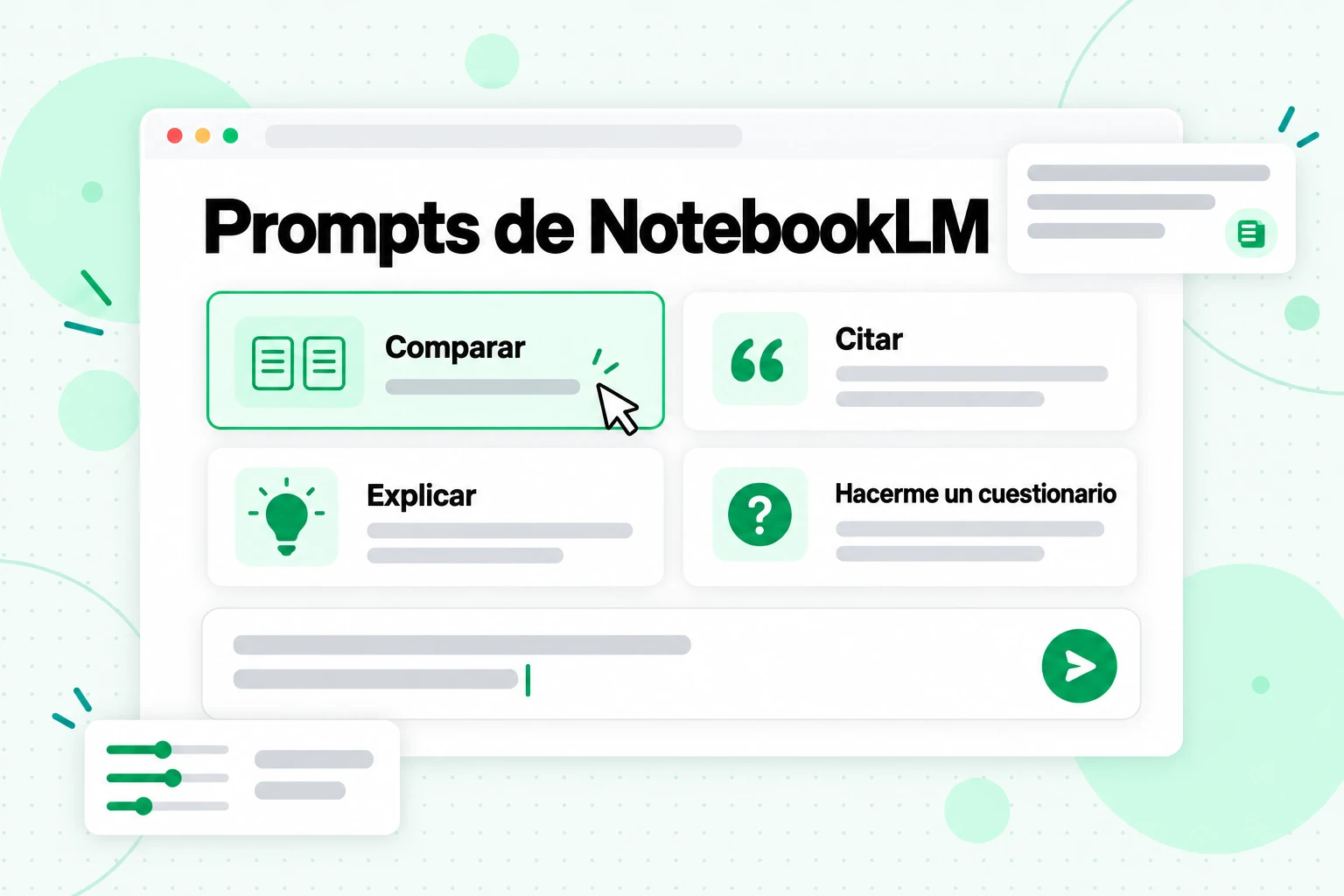 Prompts de NotebookLM: un campo de chat con tarjetas de recetas de prompts para Comparar, Citar, Explicar y Hacerme un cuestionario