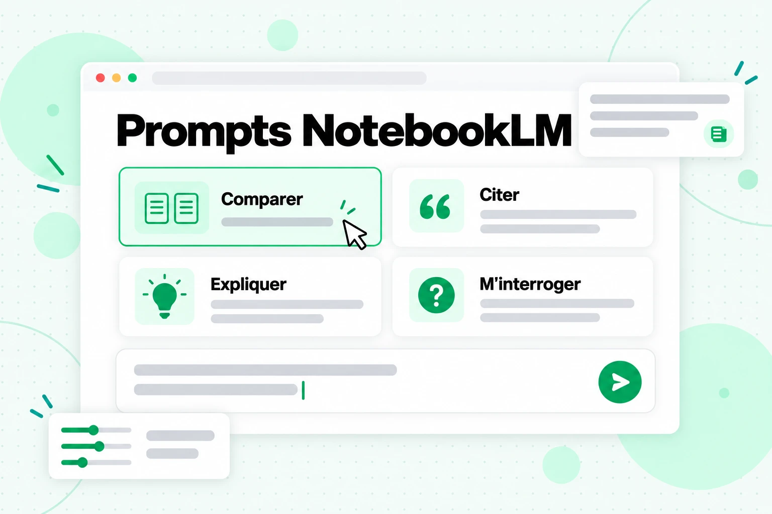 Prompts NotebookLM : une zone de discussion avec des cartes de recettes de prompts pour Comparer, Citer, Expliquer et M'interroger