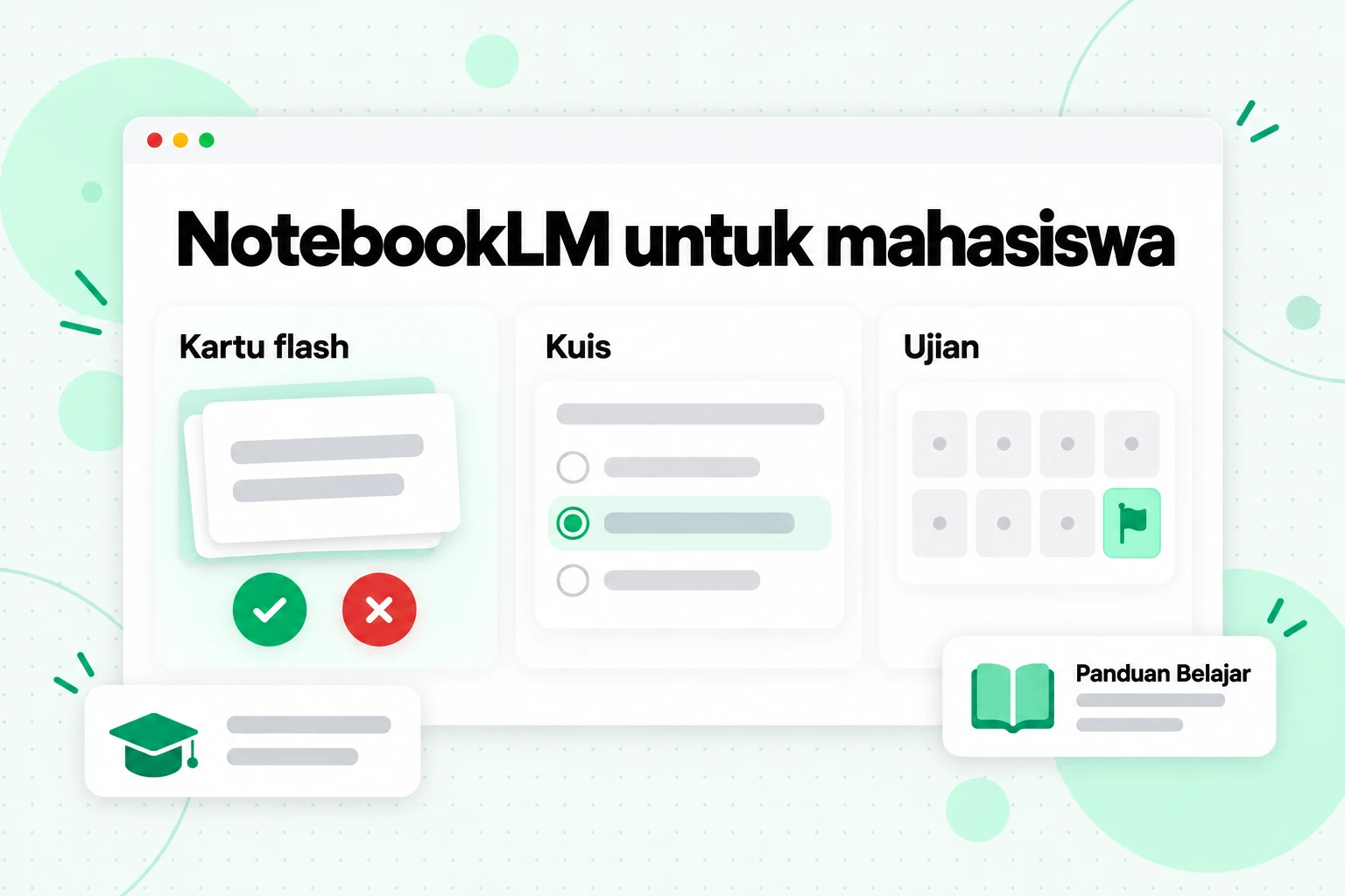NotebookLM untuk mahasiswa: kartu flash dengan tombol sudah paham dan terlewat, kuis, serta kalender yang menghitung mundur menuju ujian