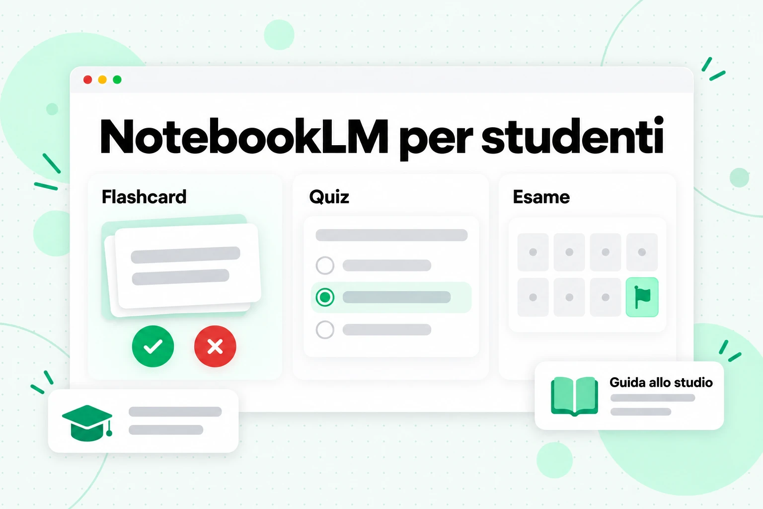 NotebookLM per studenti: flashcard con i pulsanti “lo so” e “non lo so”, un quiz e un calendario che indica il conto alla rovescia fino all’esame