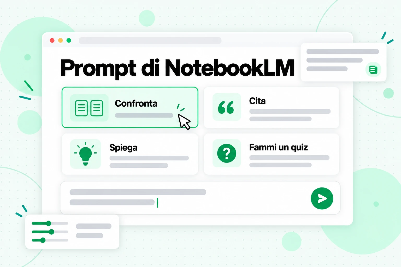 Prompt di NotebookLM: un campo di chat con schede di ricette per i prompt per Confronta, Cita, Spiega e Fammi un quiz