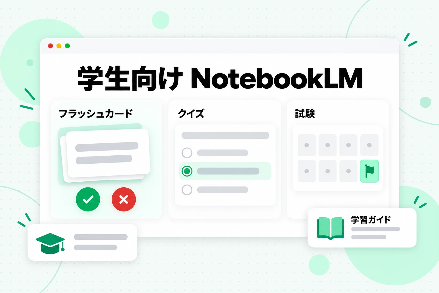 学生向け NotebookLM:理解したボタンと間違えたボタン付きのフラッシュカード、クイズ、試験までの日数を数えるカレンダー