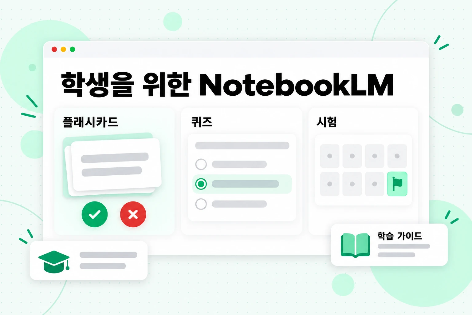 학생을 위한 NotebookLM: ‘알겠어요’와 ‘틀렸어요’ 버튼이 있는 플래시카드, 퀴즈, 시험까지 남은 날짜를 세는 달력