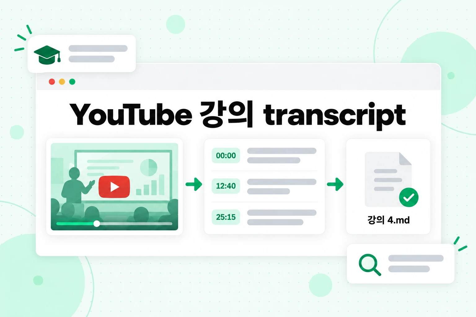 YouTube 강의 transcript: 강의 영상이 타임스탬프가 표시된 줄로 변환되어 NotebookLM용 Markdown 파일로 저장된 모습