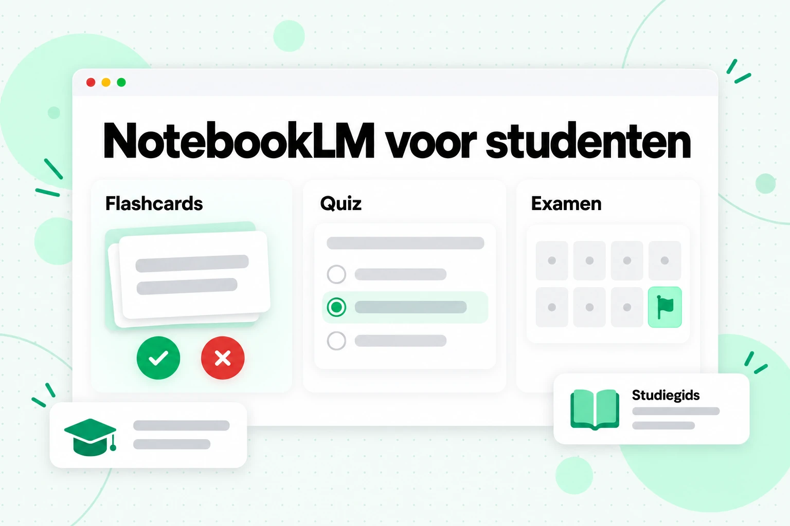 NotebookLM voor studenten: flashcards met de knoppen begrepen en gemist, een quiz en een kalender die aftelt naar het examen