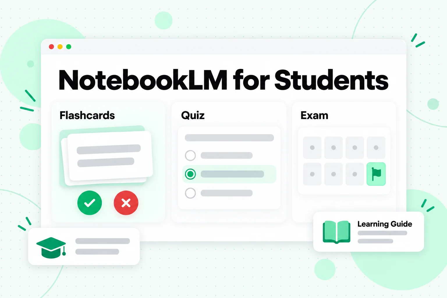 NotebookLM for students: flashcards with got it and missed it buttons, a quiz, and a calendar counting down to the exam