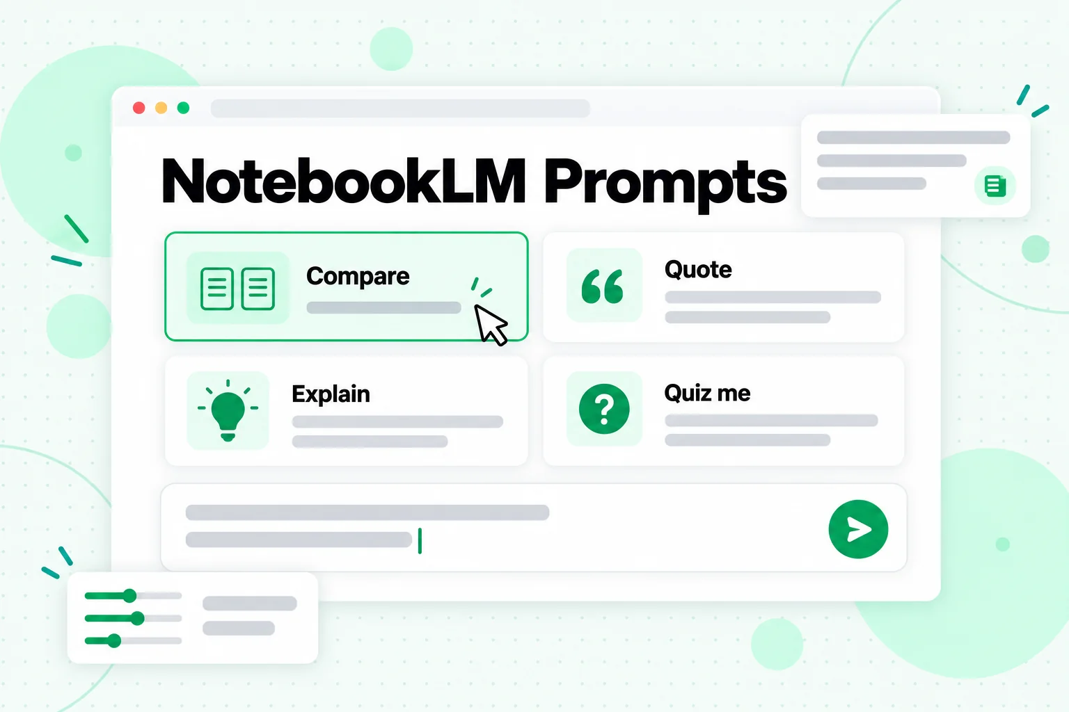 NotebookLM prompts: a chat input with prompt recipe cards for Compare, Quote, Explain and Quiz me