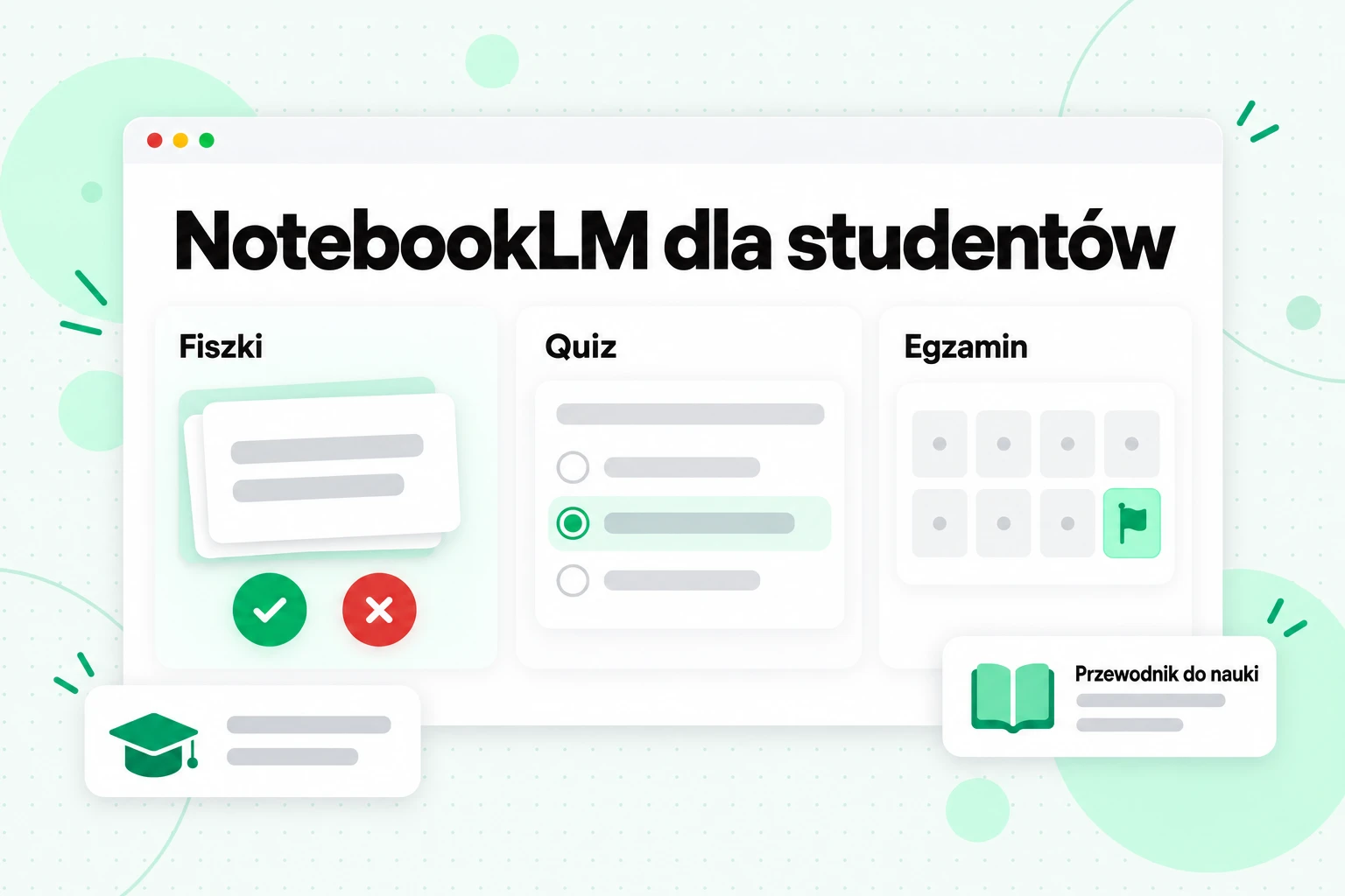 NotebookLM dla studentów: fiszki z przyciskami „umiem” i „nie pamiętam”, quiz oraz kalendarz odliczający czas do egzaminu
