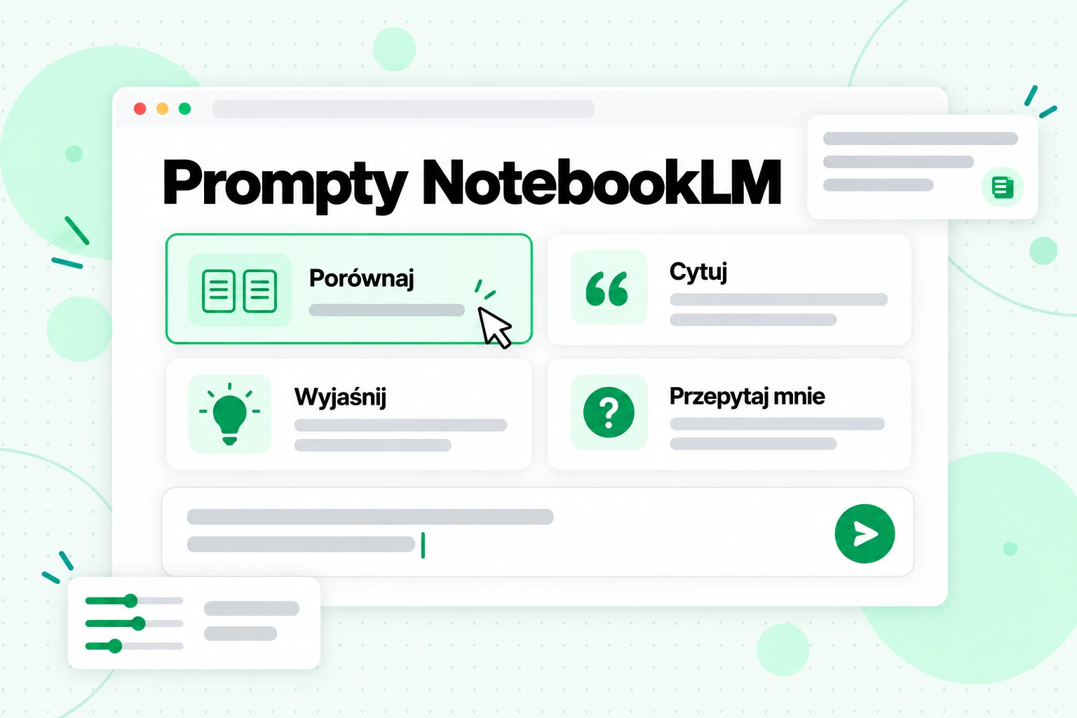 Prompty NotebookLM: pole czatu z kartami z przepisami na prompty do porównywania, cytowania, wyjaśniania i quizów