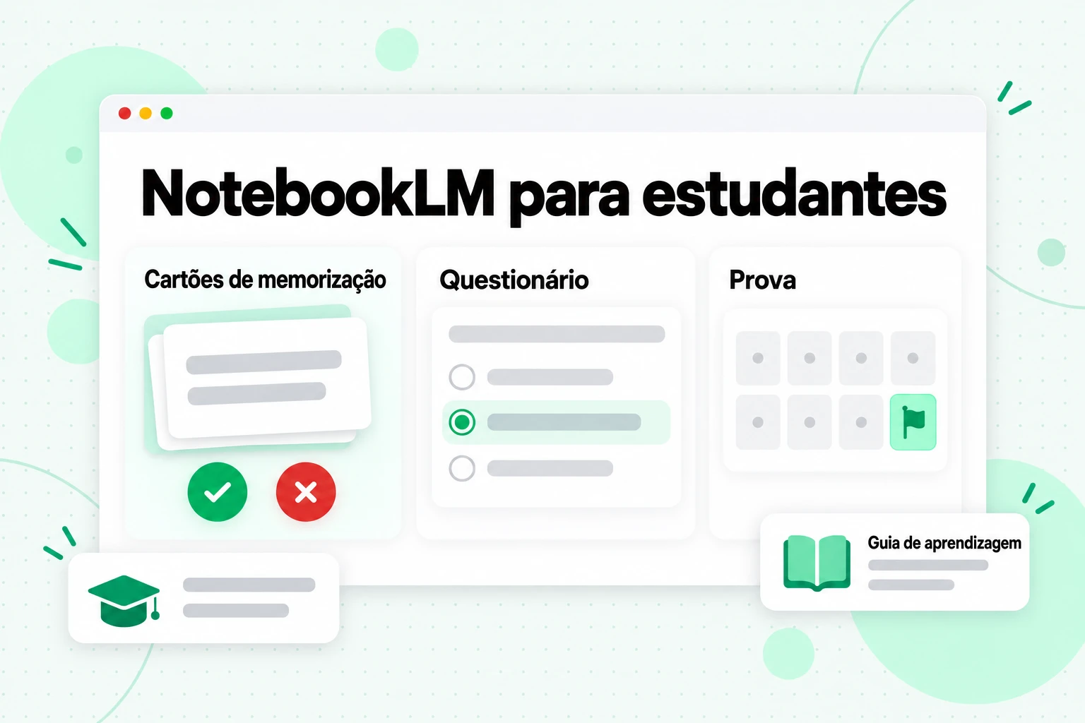 NotebookLM para estudantes: cartões de memorização com os botões entendi e errei, um questionário e um calendário em contagem regressiva até a prova
