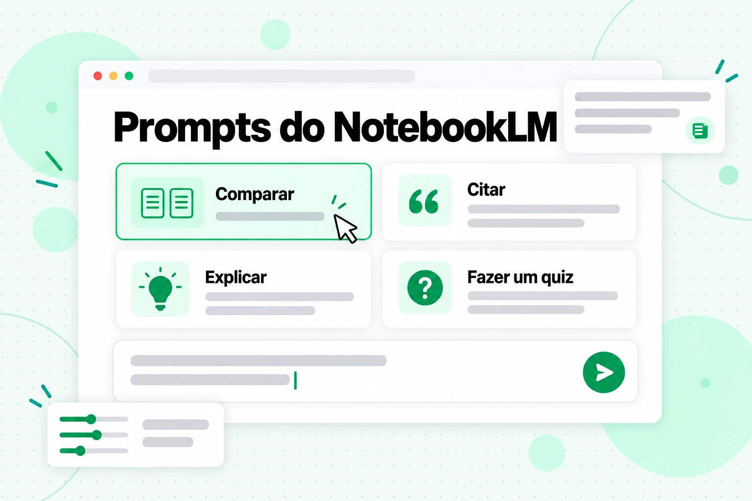 Prompts do NotebookLM: uma entrada de chat com cartões de receitas de prompts para Comparar, Citar, Explicar e Fazer um quiz
