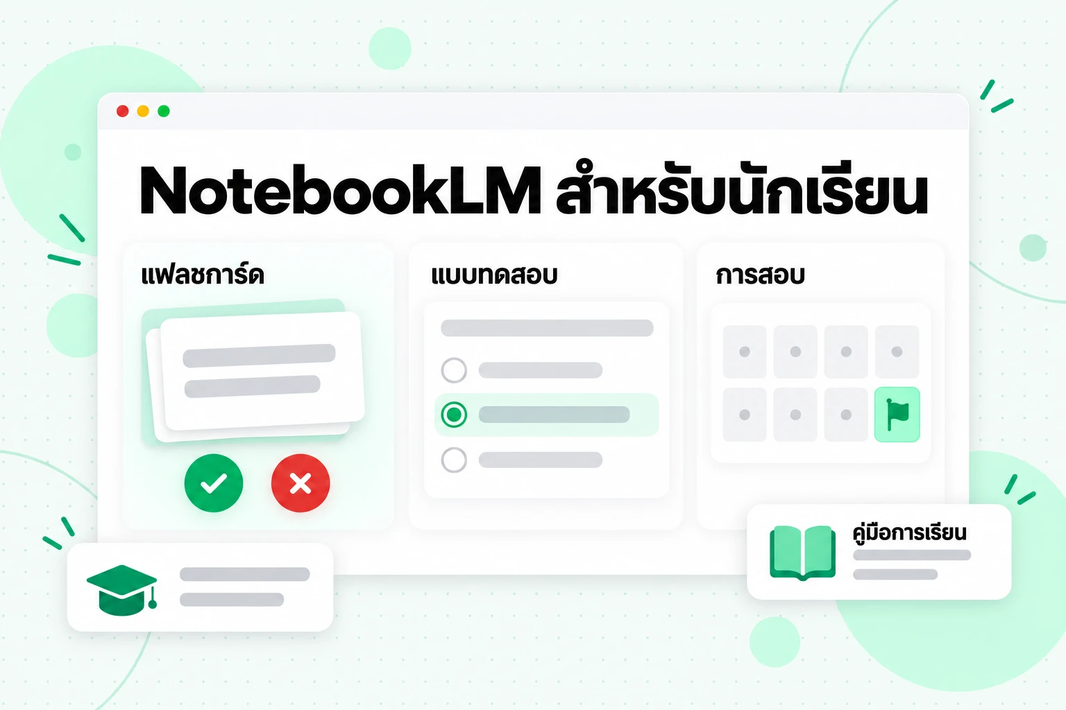 NotebookLM สำหรับนักเรียน: แฟลชการ์ดพร้อมปุ่มรู้แล้วและพลาด แบบทดสอบ และปฏิทินนับถอยหลังสู่วันสอบ