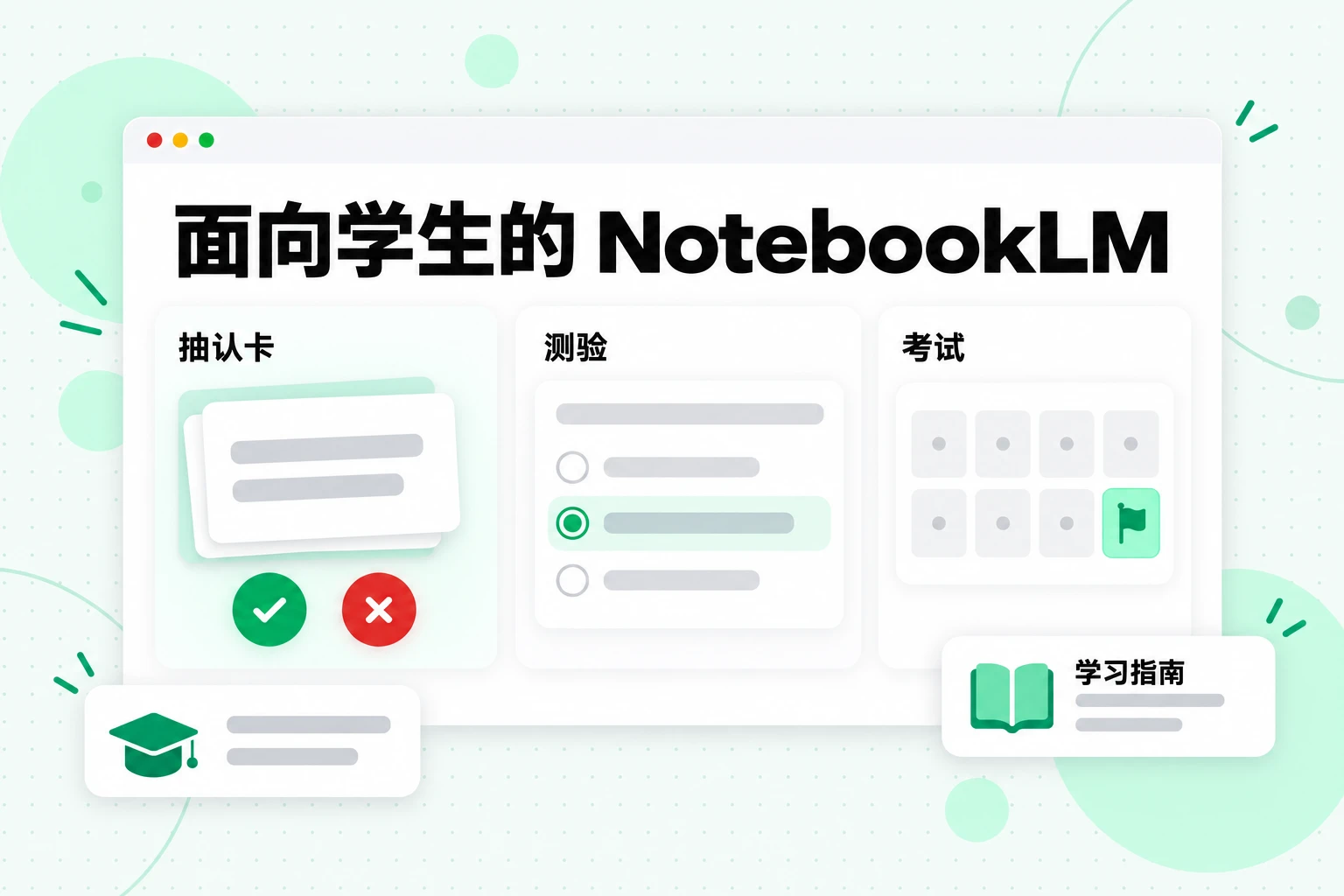 面向学生的 NotebookLM:带有“掌握了”和“答错了”按钮的抽认卡、测验,以及倒计时到考试的日历