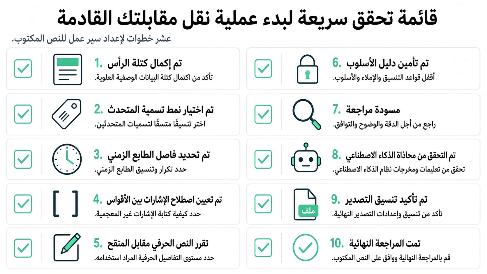 قائمة مراجعة مرئية من عشر خطوات لإنشاء سير عمل نص المقابلة المهني وإدارته بكفاءة.