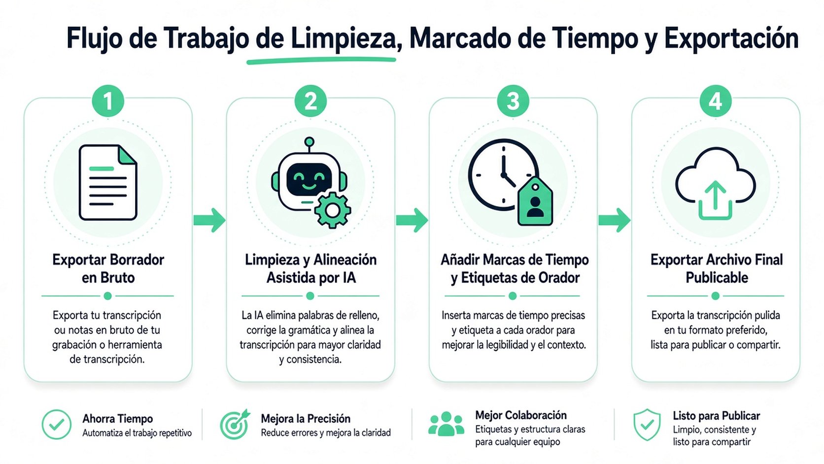 Infografía de cuatro pasos que ilustra un flujo de trabajo para limpiar, asignar marcas de tiempo y exportar transcripciones profesionales de entrevistas.