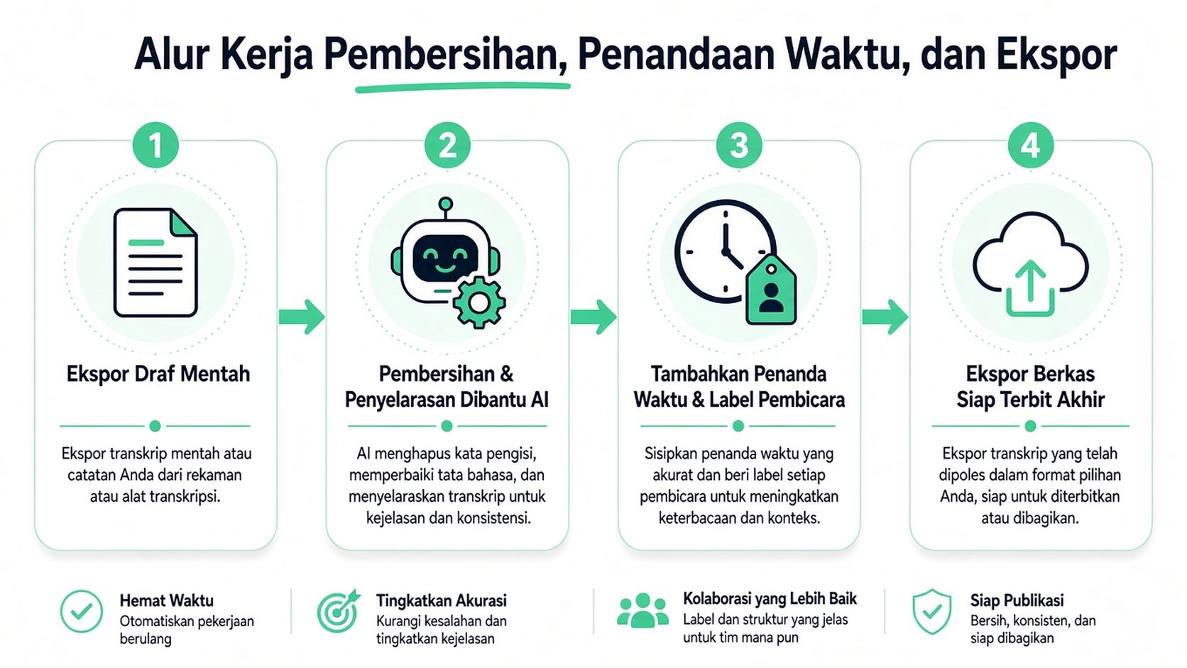 Infografis empat langkah yang menggambarkan alur kerja untuk membersihkan, memberi timestamp, dan mengekspor transkrip wawancara profesional.