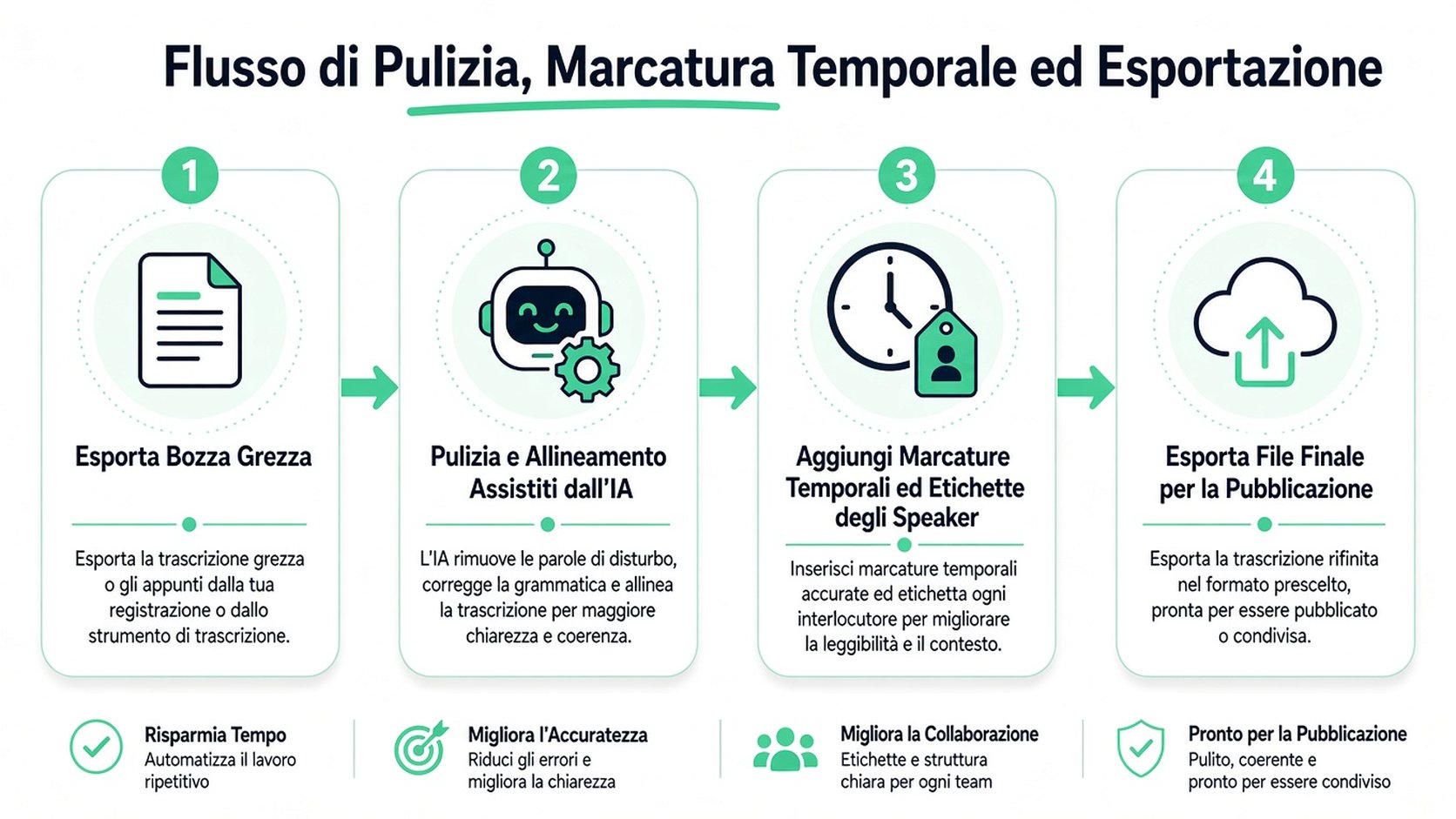 Infografica in quattro passaggi che illustra un flusso di lavoro per pulire, applicare i timestamp ed esportare trascrizioni professionali di interviste.