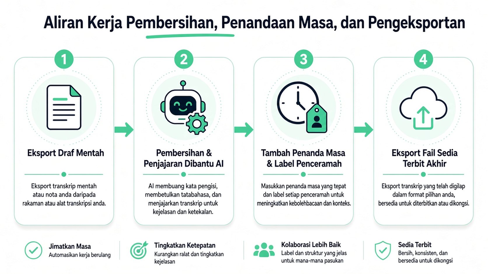 Infografik empat langkah yang menggambarkan aliran kerja untuk membersihkan, menambah cap masa, dan mengeksport transkrip wawancara profesional.