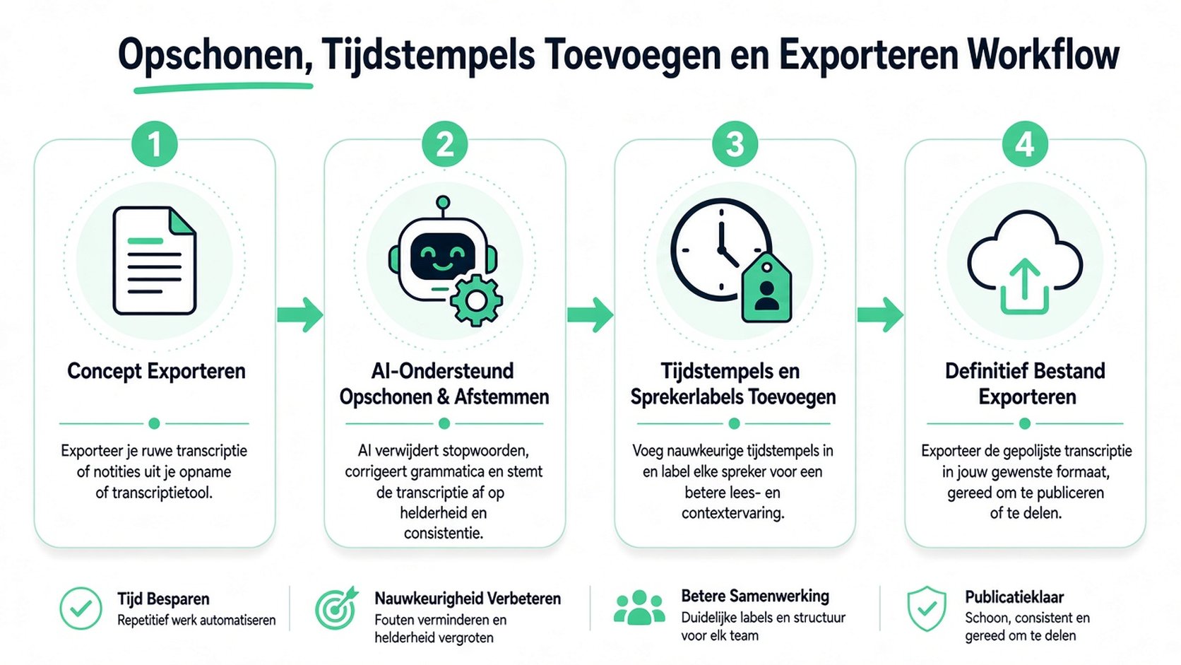 Een infographic in vier stappen die een workflow toont voor het opschonen, tijdstempelen en exporteren van professionele interviewtranscripten.