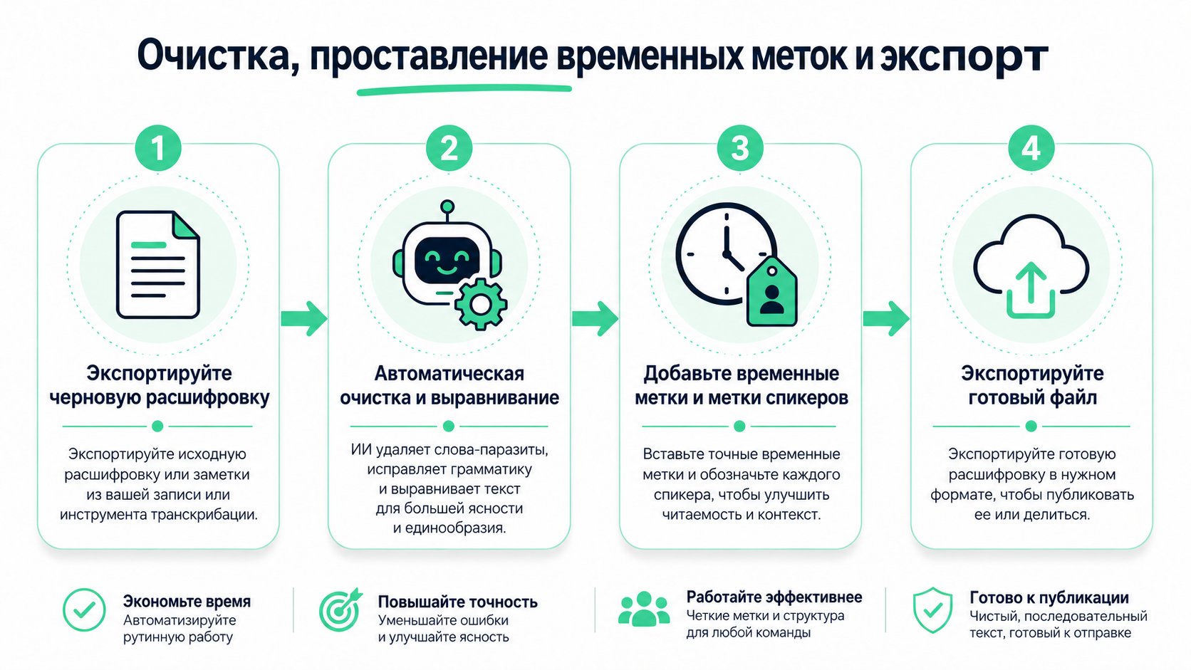 Инфографика из четырёх шагов, иллюстрирующая процесс очистки, простановки таймкодов и экспорта профессиональных расшифровок интервью.
