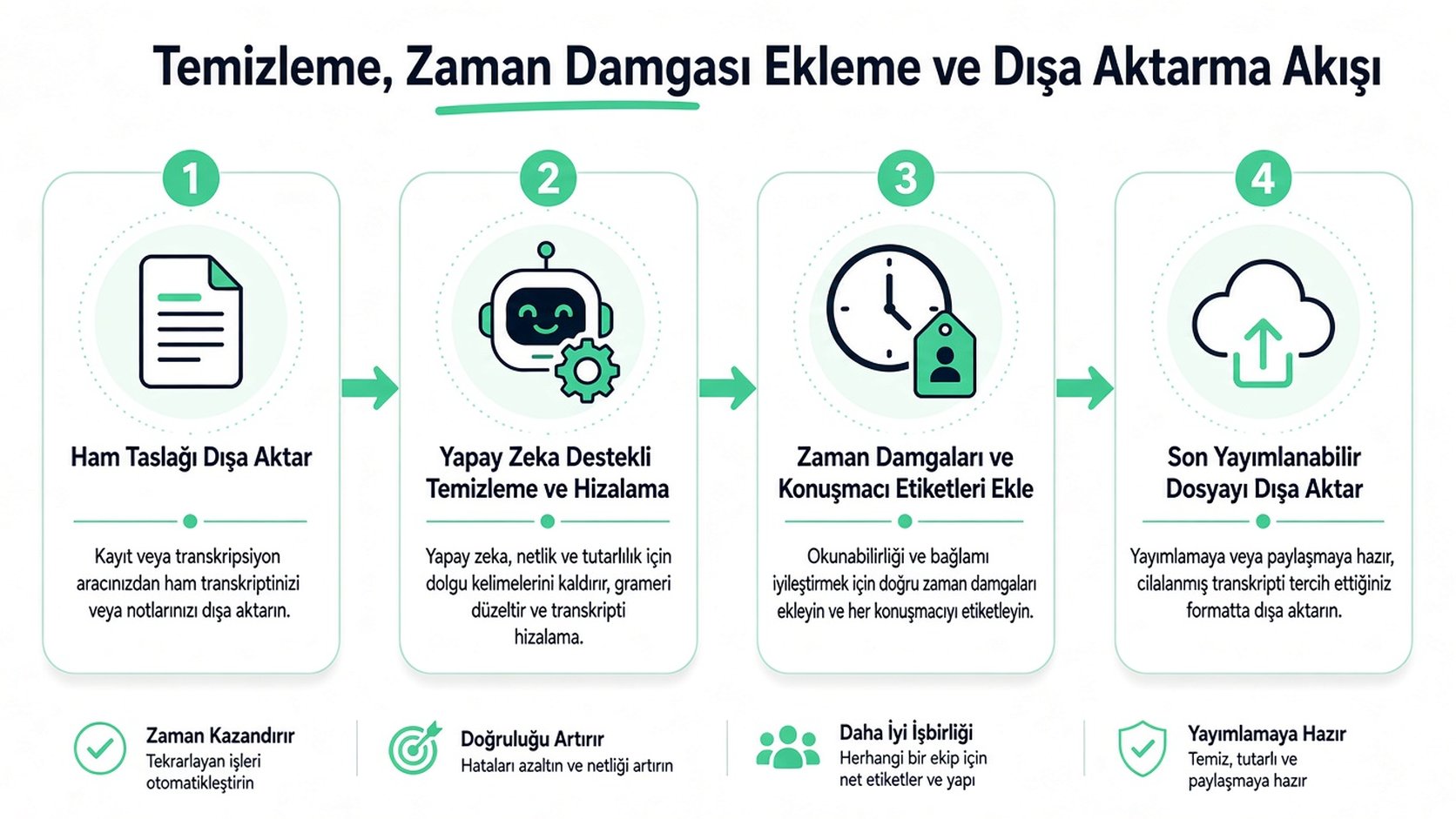 Profesyonel söyleşi transkriptlerini temizleme, zaman damgalama ve dışa aktarma iş akışını gösteren dört adımlı bir bilgi grafiği.