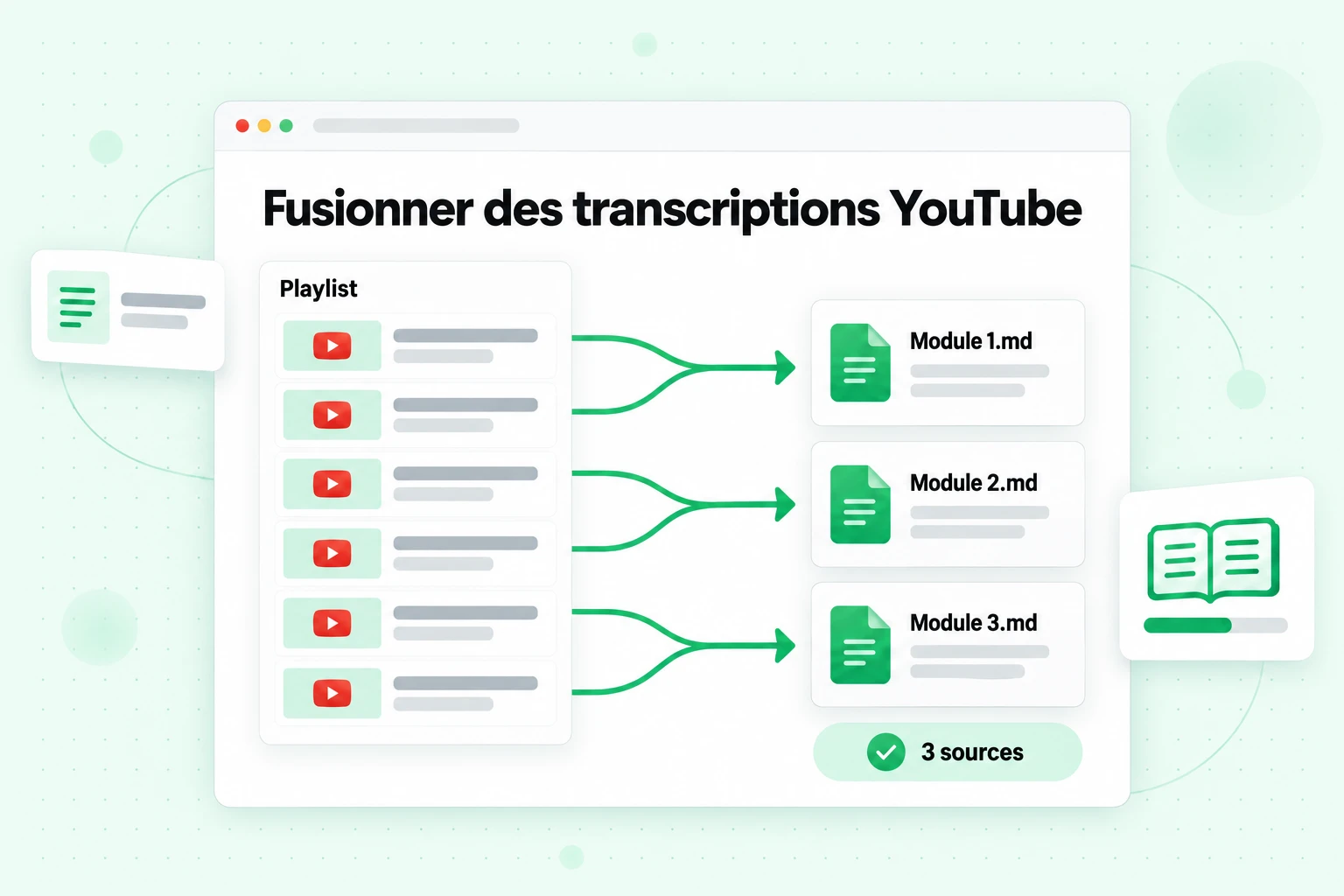 Fusionner des transcriptions YouTube : six leçons d'une playlist combinées en trois fichiers de modules qui comptent comme trois sources NotebookLM