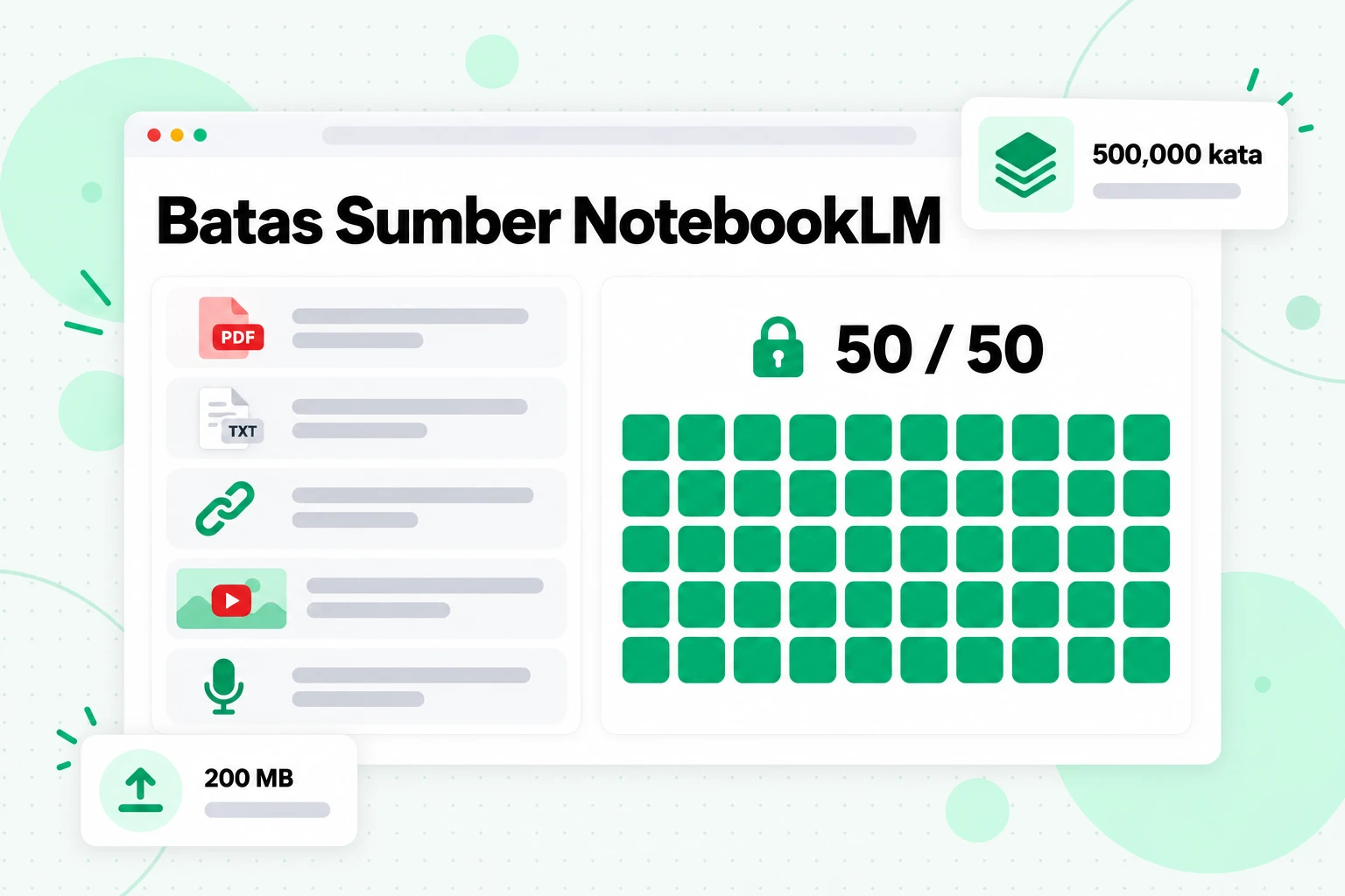 Batas sumber NotebookLM: 50 sumber per notebook pada paket gratis, dengan setiap sumber menampung hingga 500.000 kata atau 200 MB
