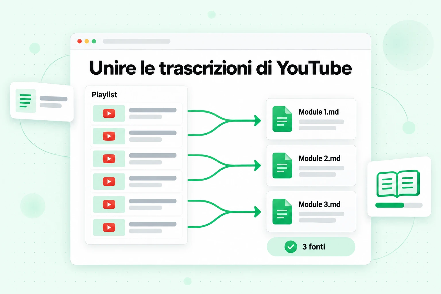 Unire le trascrizioni di YouTube: sei lezioni della playlist combinate in tre file di moduli che contano come tre fonti di NotebookLM
