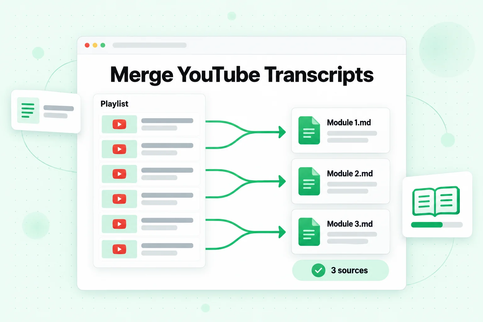 Merge YouTube transcripts: six playlist lessons combined into three module files that count as three NotebookLM sources