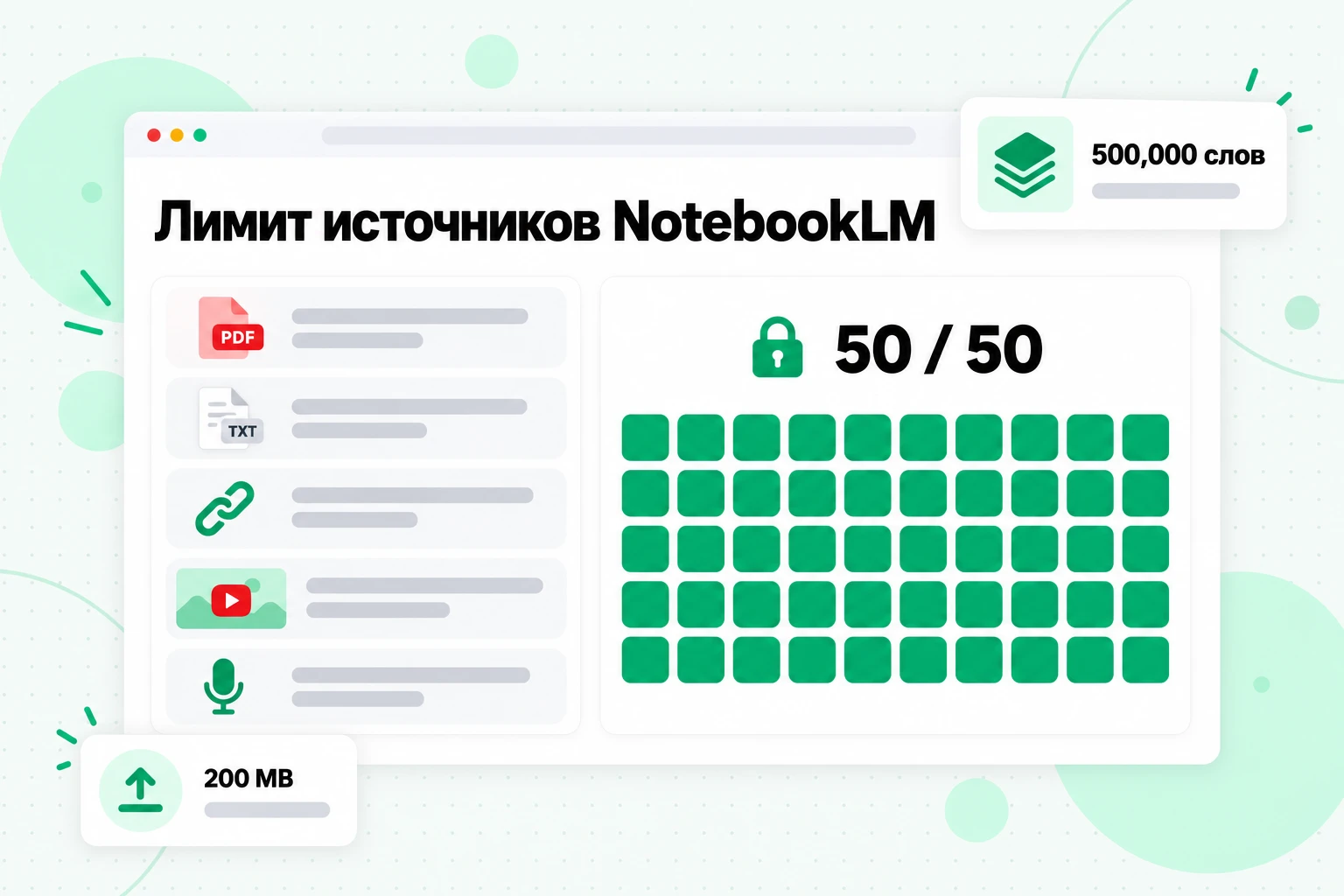 Лимит источников NotebookLM: 50 источников на блокнот в бесплатном тарифе, при этом каждый источник может содержать до 500 000 слов или иметь размер до 200 МБ
