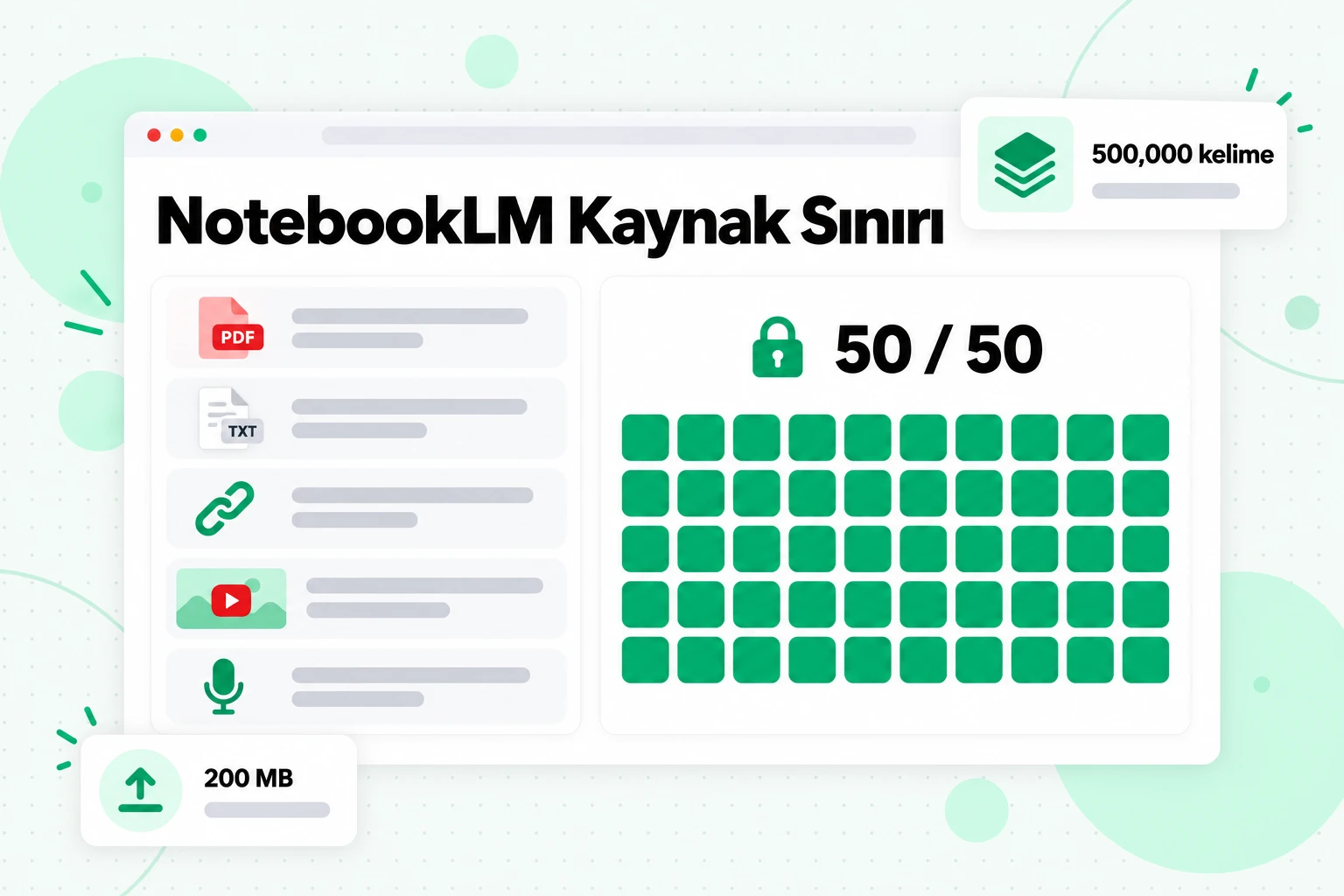 NotebookLM kaynak sınırı: ücretsiz planda notebook başına 50 kaynak; her kaynak 500.000 kelimeye veya 200 MB'a kadar içerebilir