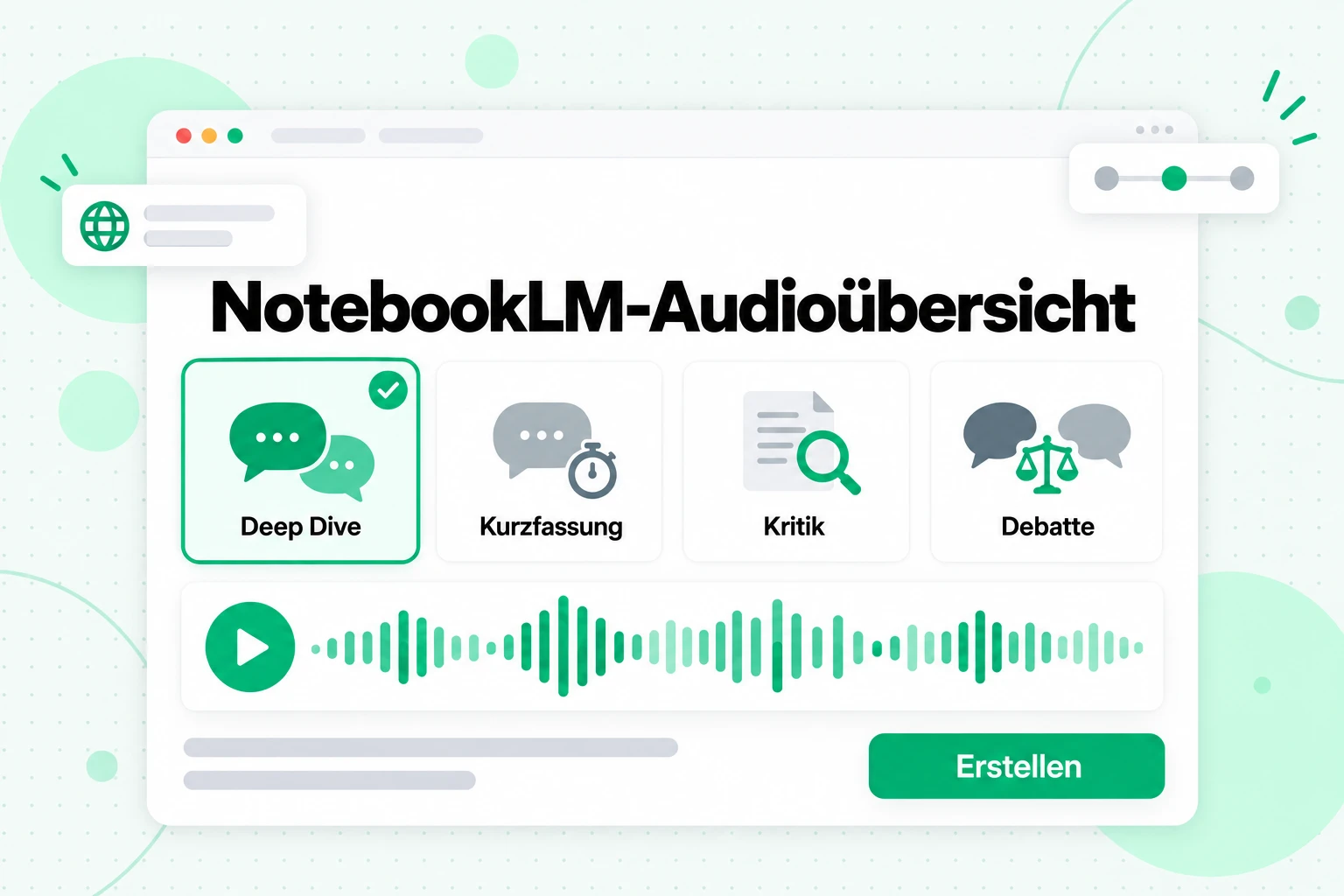 NotebookLM-Audioübersicht: vier Formate zur Auswahl – Deep Dive, Kurzfassung, Kritik und Debatte – vor der Erstellung