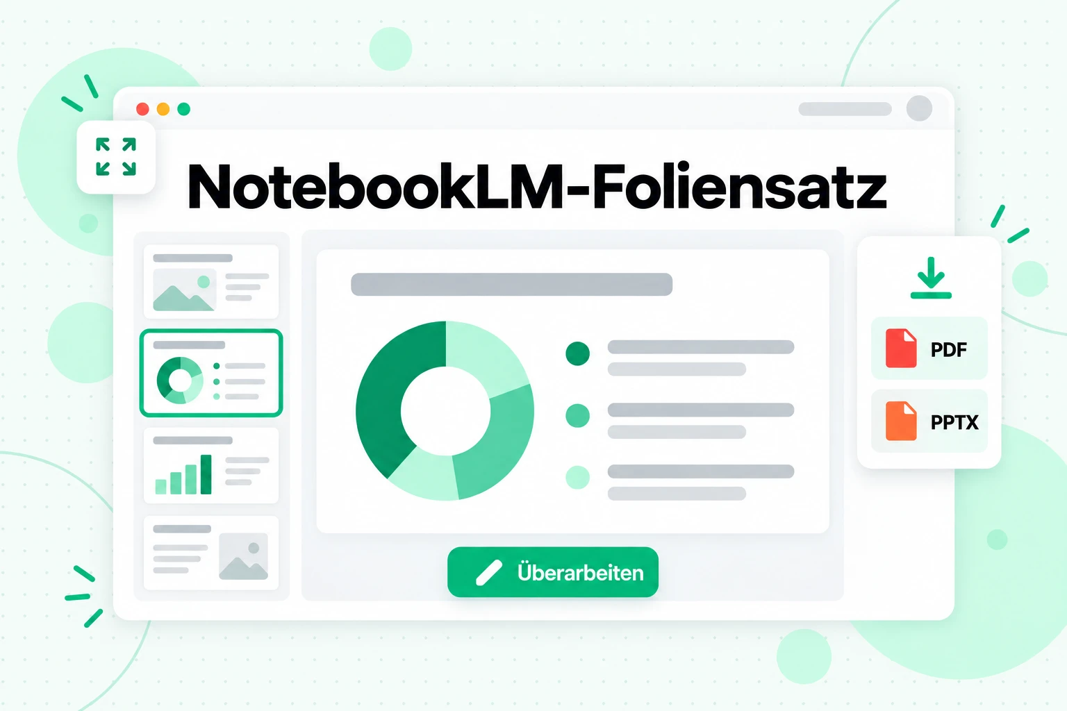 NotebookLM-Foliensatz: Aus deinen Quellen generierte Folien, Folie für Folie überarbeitet und als PDF oder PPTX heruntergeladen