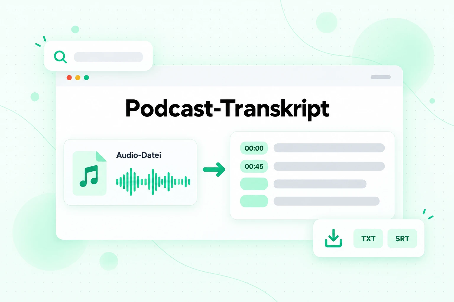 Podcast-Transkript: Eine heruntergeladene Audioübersichtsdatei wird in Text mit Zeitstempeln umgewandelt und als TXT oder SRT exportiert