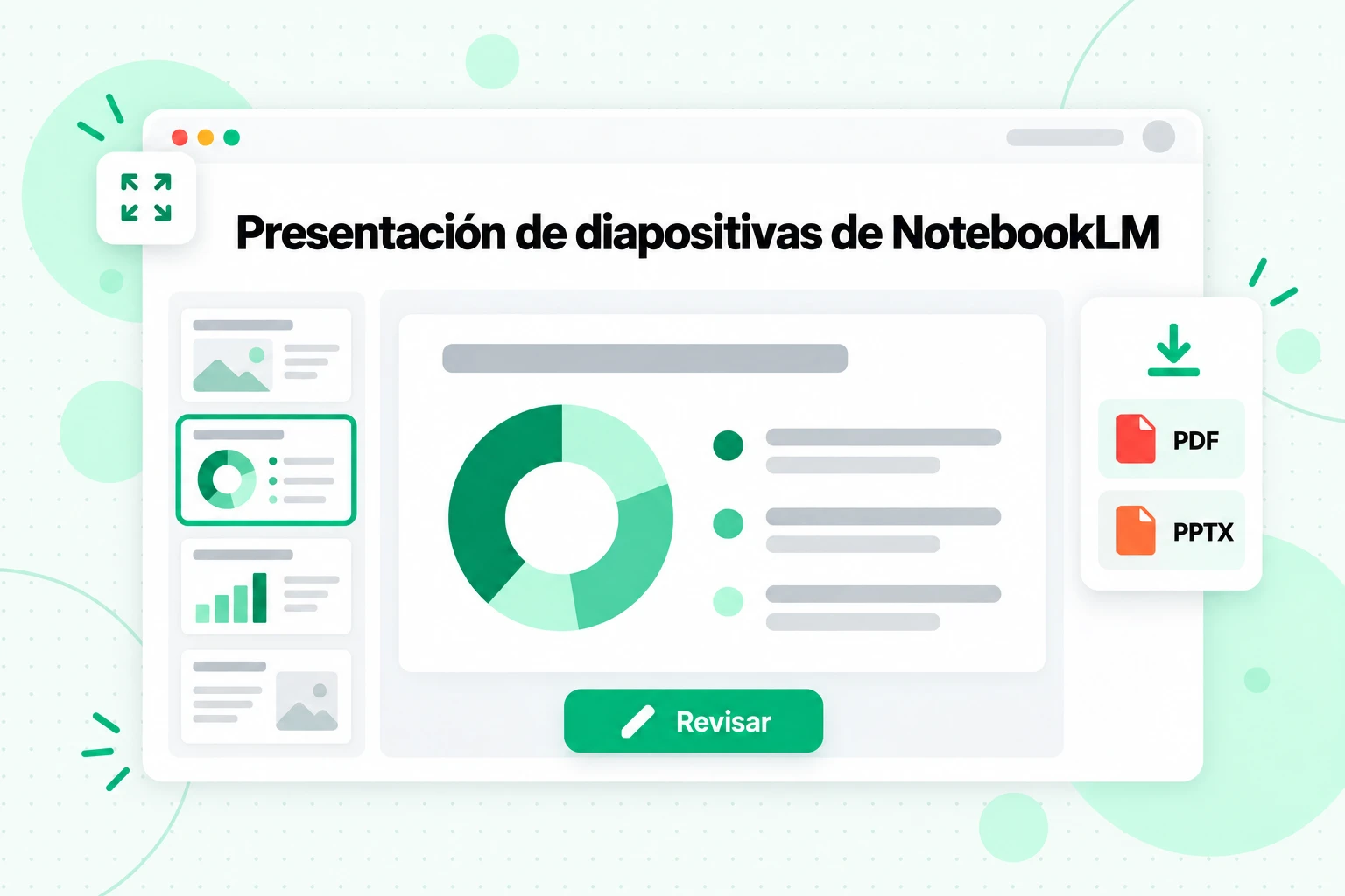 Presentación de diapositivas de NotebookLM: diapositivas generadas a partir de tus fuentes, revisadas diapositiva por diapositiva y descargadas como PDF o PPTX