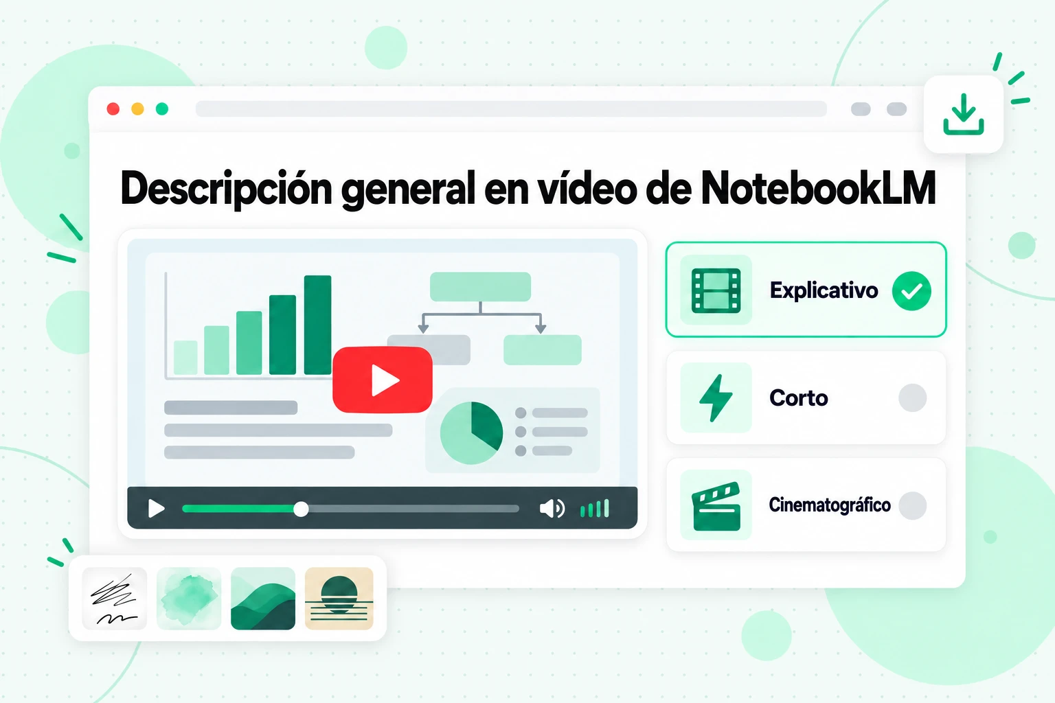 Descripción general en vídeo de NotebookLM: un vídeo de diapositivas narradas con los formatos Explicativo, Corto y Cinematográfico