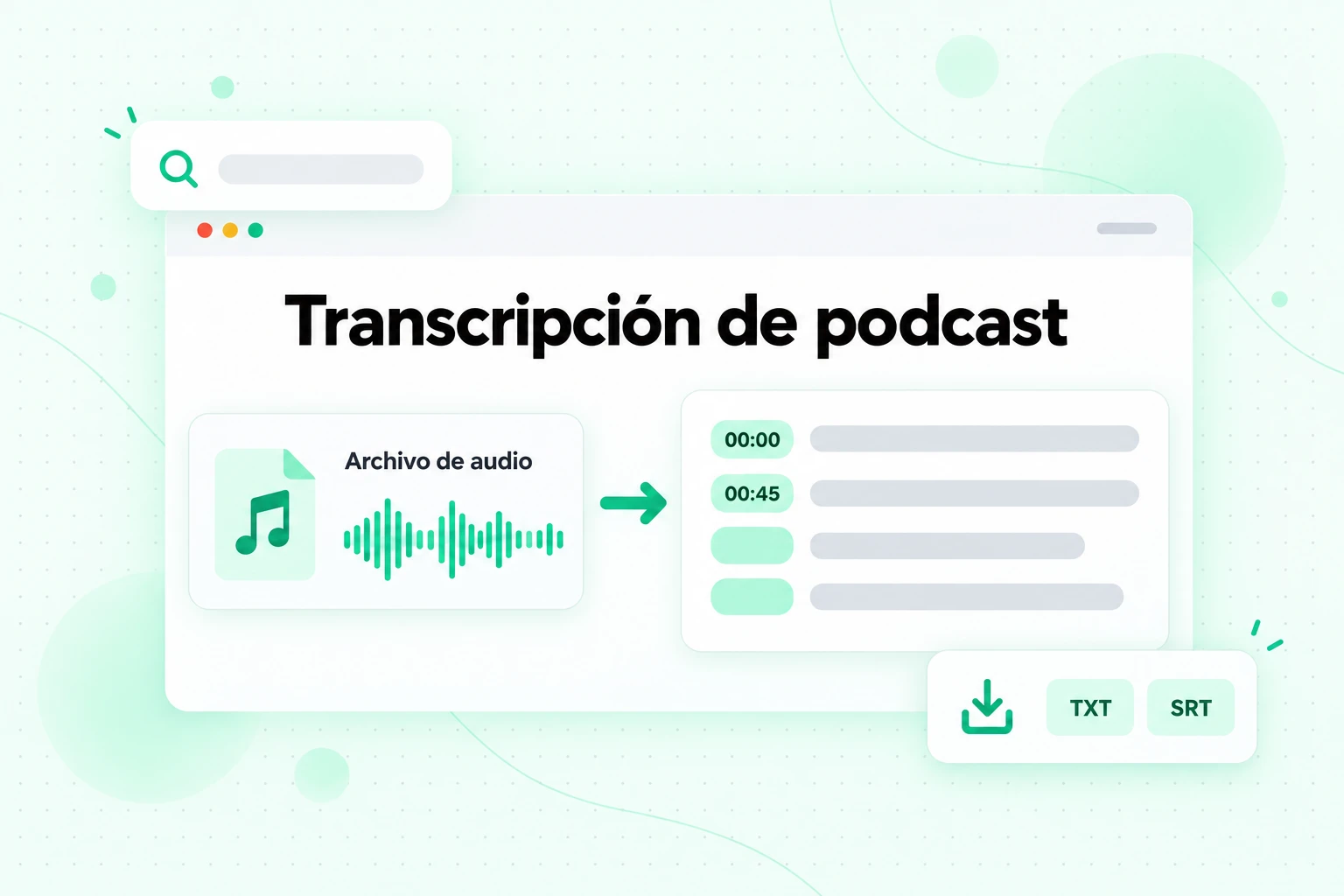 Transcripción de podcast: un archivo de resumen de audio descargado convertido en texto con marcas de tiempo y exportado como TXT o SRT